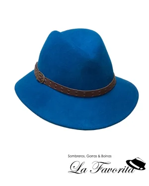 Sombrero mujer lana ala corta copa partida cinta cuero turquesa - Miralles