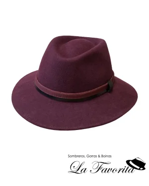 Sombrero lana ala corta cinta cuero-tela granate - Miralles
