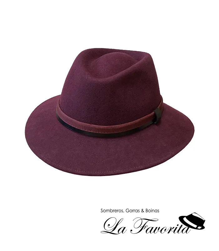 Sombrero lana ala corta cinta cuero-tela granate - Miralles