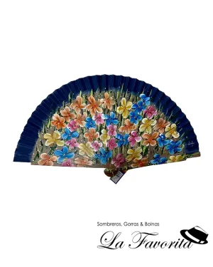 Abanico madera 54176 flores azules 24 - Aire Distinto