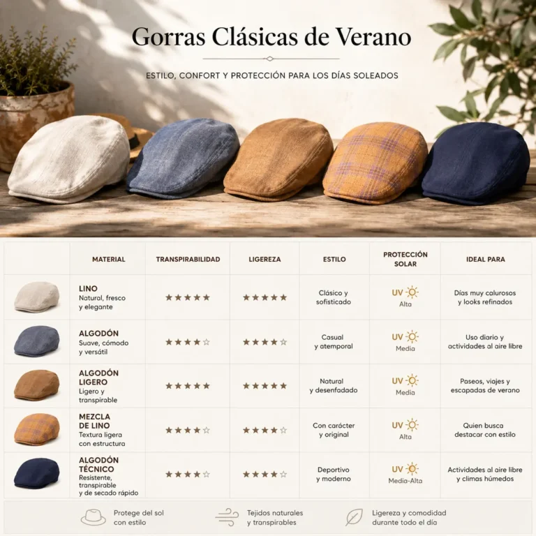 Tabla de gorras clásicas de verano por composición y características