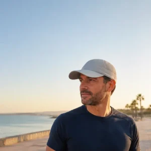 Hombre con gorra deportiva gris caminando por un paseo marítimo en verano