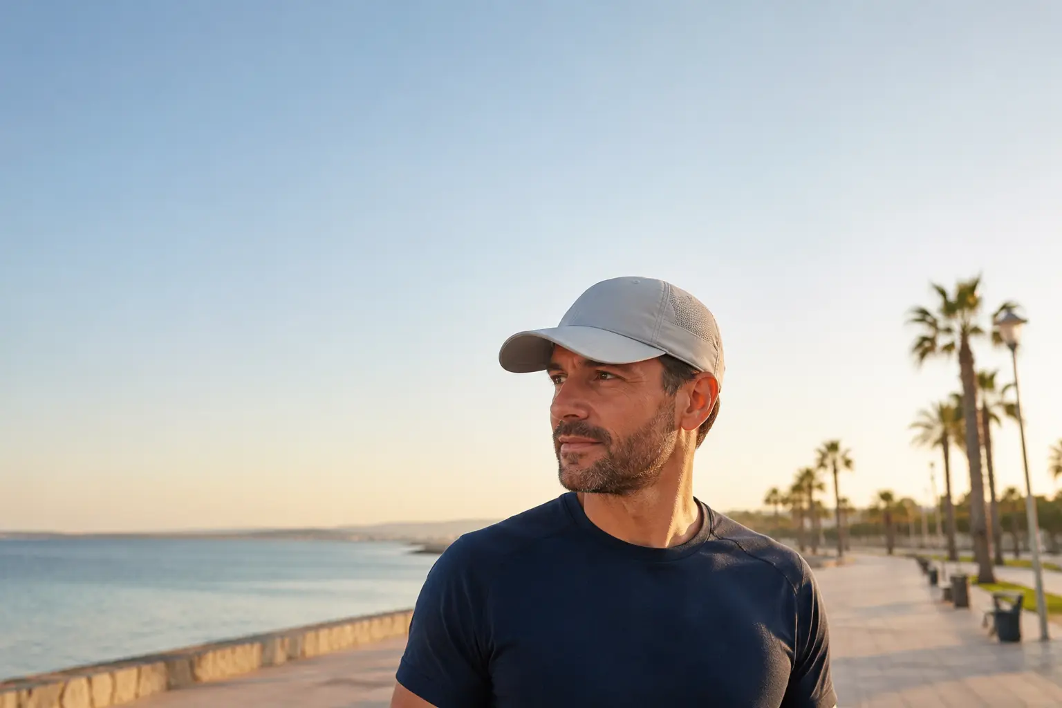 Hombre con gorra deportiva gris caminando por un paseo marítimo en verano