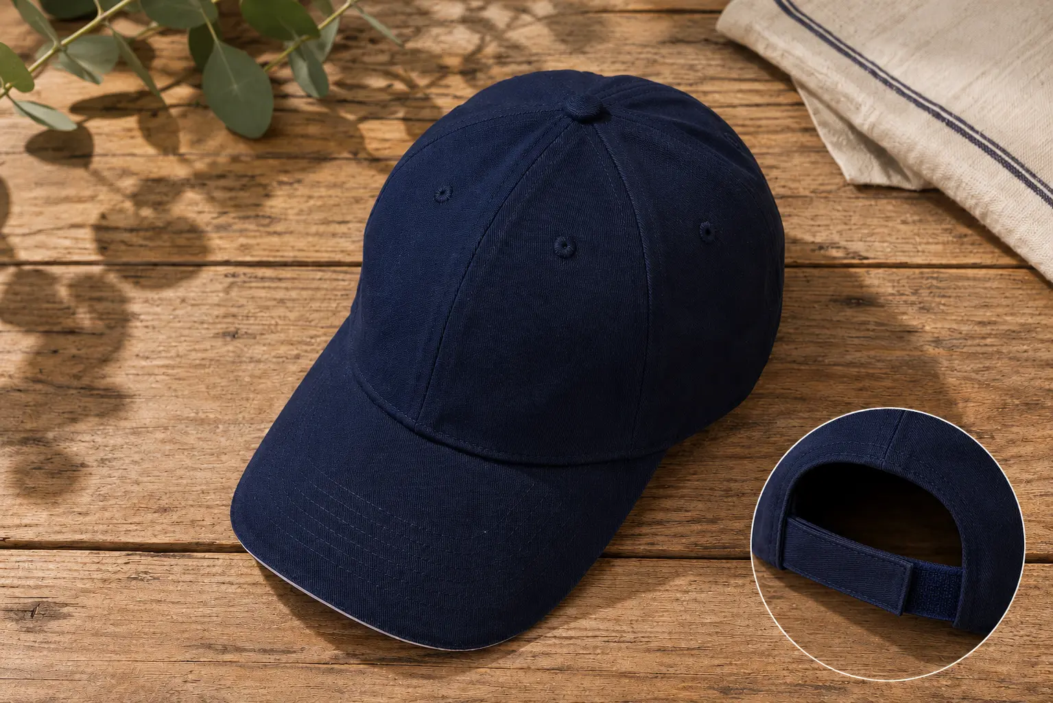 Gorra deportiva azul marino de cinco paneles con cierre trasero de velcro