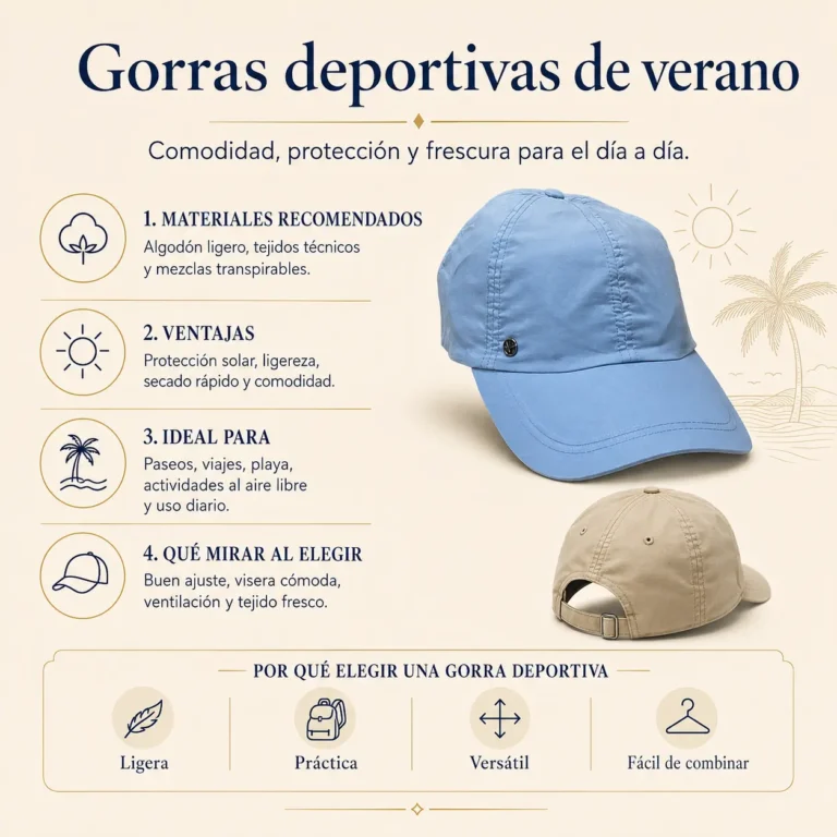 Infografía sobre materiales, ventajas y usos de las gorras deportivas de verano