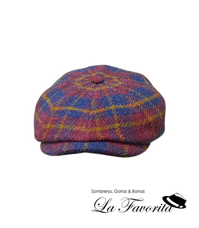 Gorra 8 paneles botón lana cuadro Kyoto 53837 burdeos-azul - Alfonso D'Este