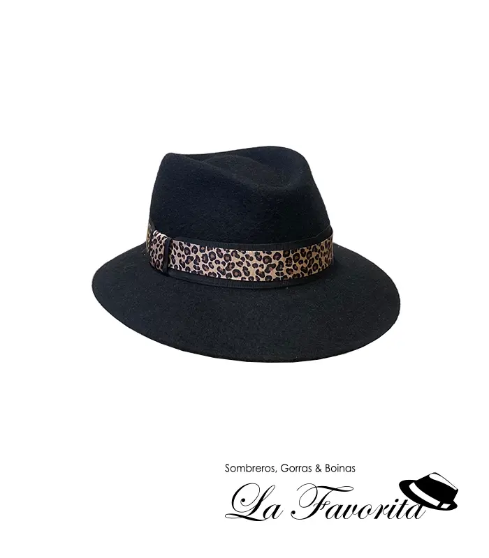 Sombrero mujer lana ala corta cinta animal print AA9224 negro - La Favorita