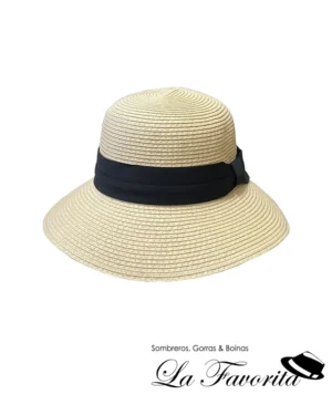 Sombrero mujer verano copa redonda trenza cosida natural cinta negra - Hat Club