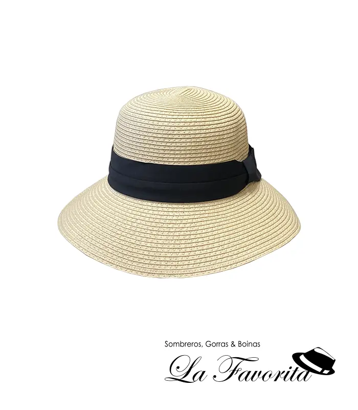 Sombrero mujer verano copa redonda trenza cosida natural cinta negra - Hat Club