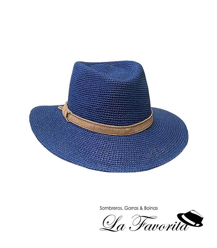 Sombrero verano indiana crochet cinta cuero BB22466 azul - La Favorita