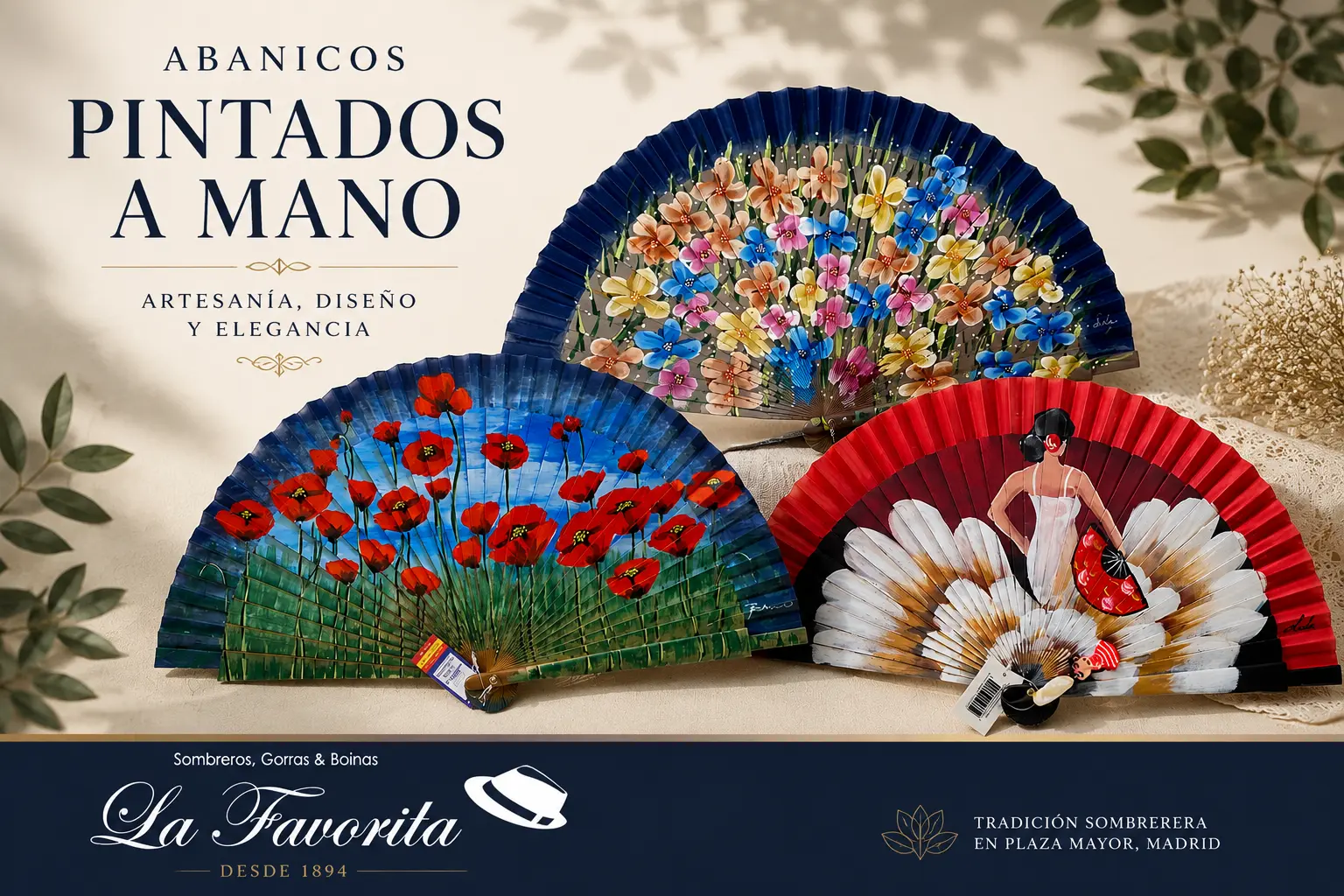 Abanicos pintados a mano con diseños florales y figurativos de La Favorita