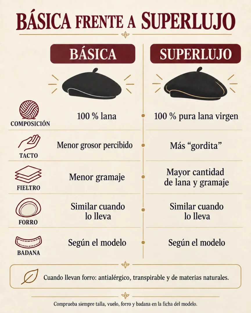 Comparativa de composición, tacto, gramaje, forro y badana entre una boina Básica y una Superlujo