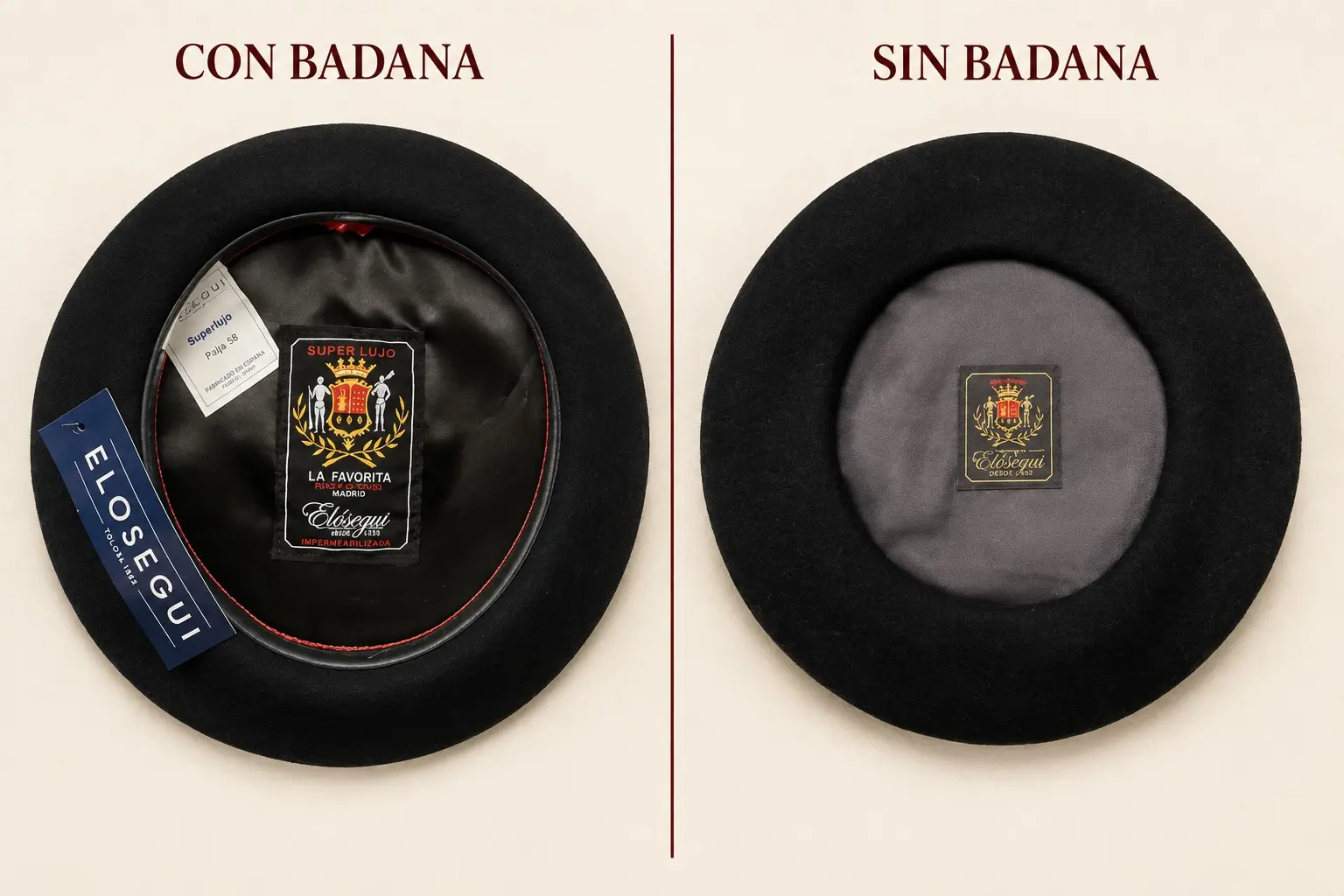 Interior de una boina Elósegui con badana junto a otra sin badana