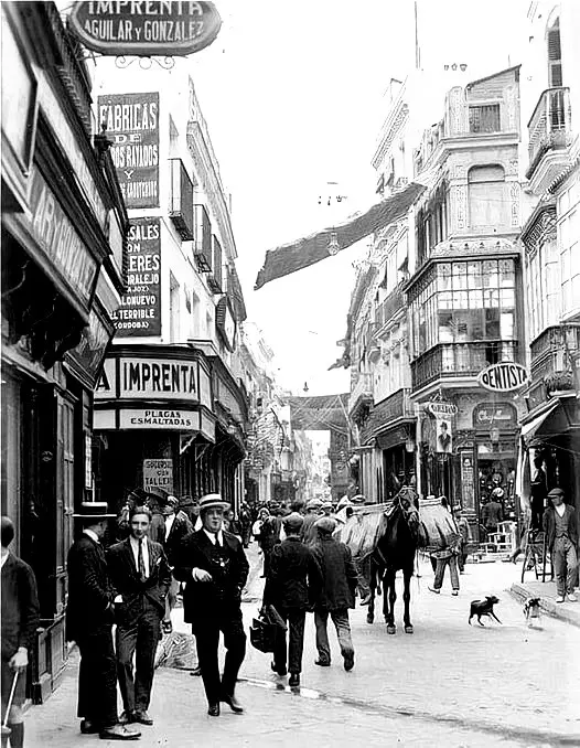 Fotografía antigua de una calle comercial del centro de Madrid con viandantes que llevan sombreros, comercios y animales de carga.