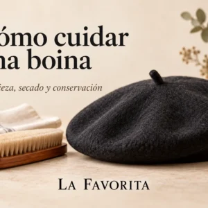 Boina de lana junto a un cepillo y un paño para su limpieza y cuidado