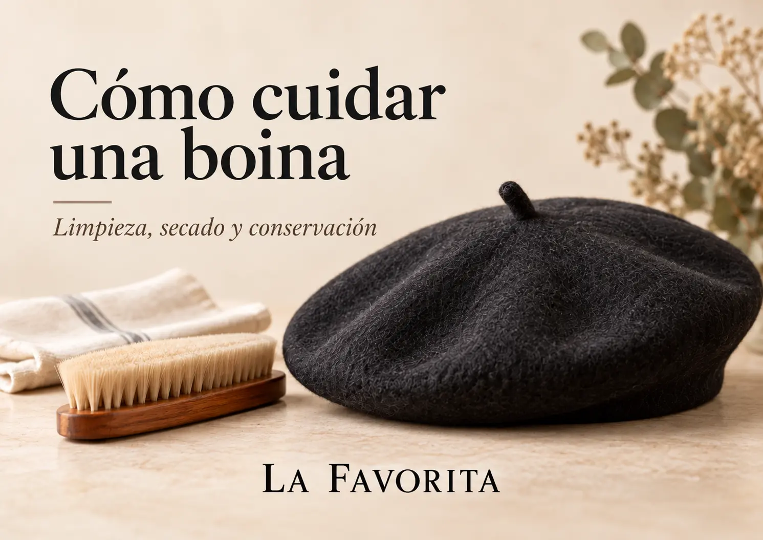 Boina de lana junto a un cepillo y un paño para su limpieza y cuidado