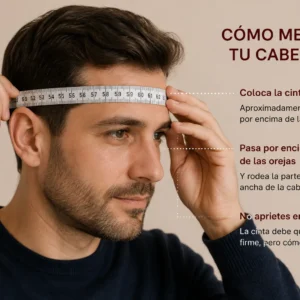 Persona utilizando una cinta métrica para medir el contorno de su cabeza y conocer la talla correcta de sombrero.