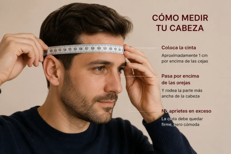 Persona utilizando una cinta métrica para medir el contorno de su cabeza y conocer la talla correcta de sombrero.