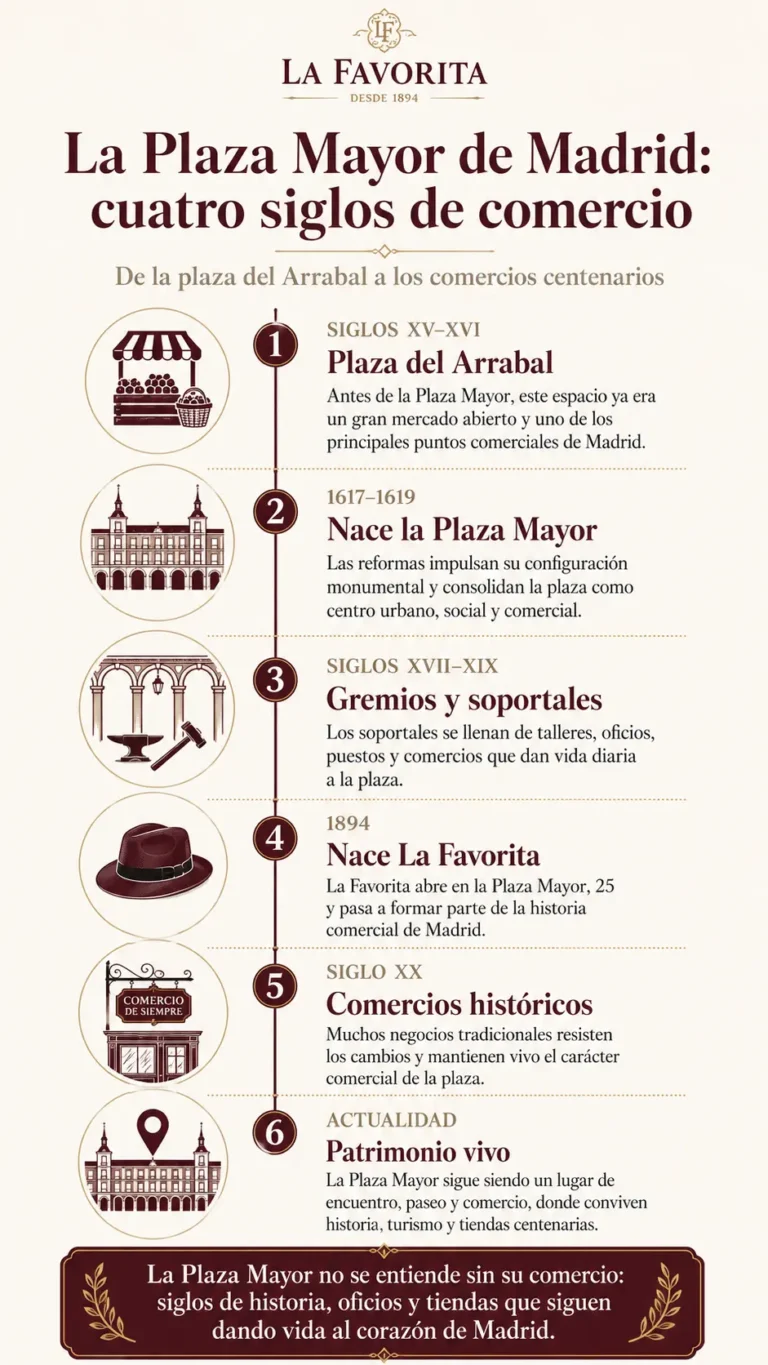 Infografía cronológica sobre la evolución comercial de la Plaza Mayor de Madrid desde la plaza del Arrabal hasta la actualidad