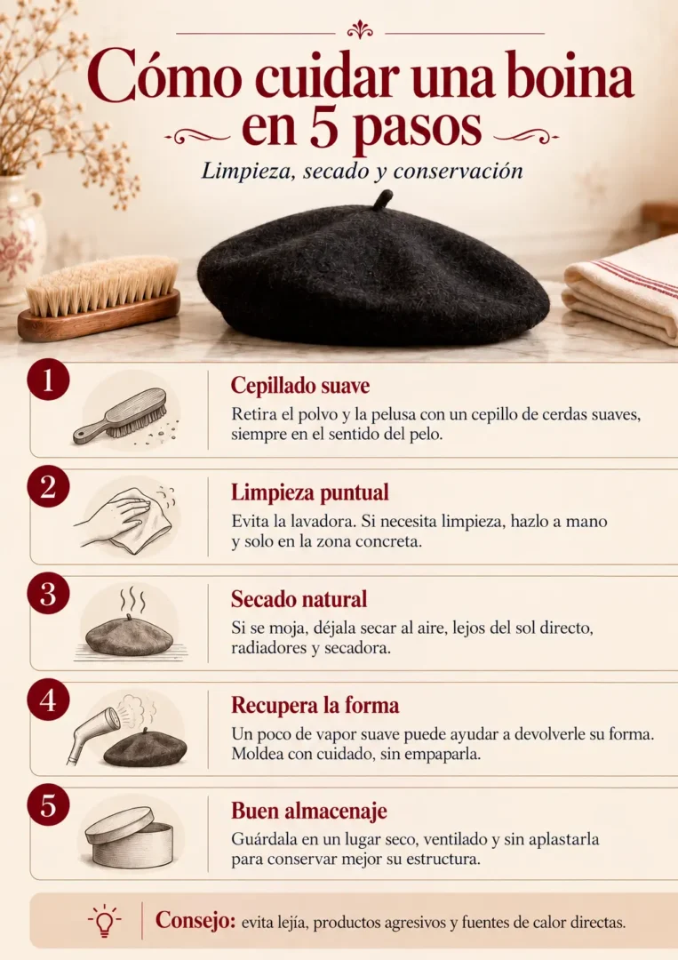 Infografía con cinco pasos para limpiar, secar y conservar correctamente una boina
