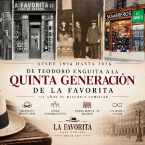 Composición histórica de La Favorita desde 1894 hasta 2026 con fotografías antiguas y actuales de la sombrerería familiar