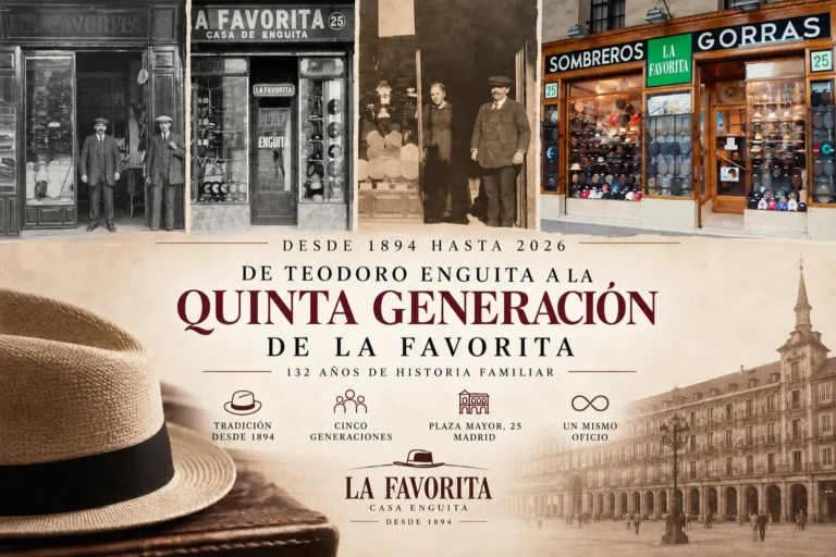 Composición histórica de La Favorita desde 1894 hasta 2026 con fotografías antiguas y actuales de la sombrerería familiar