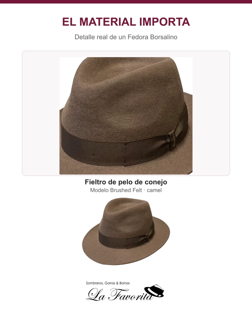 Detalle del fieltro de pelo de conejo del Fedora Borsalino camel