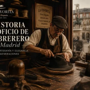 Ilustración de un maestro sombrerero trabajando artesanalmente sobre una horma en un taller tradicional de Madrid.