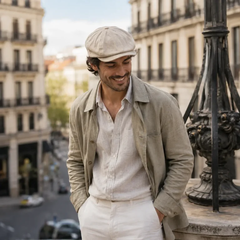 Hombre con una gorra de 8 gajos de verano combinada con ropa clara de lino