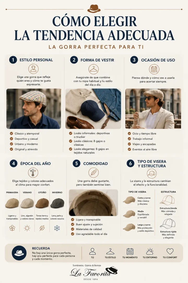 Infografía para elegir una gorra según el estilo personal, la forma de vestir, la ocasión, la época del año, la comodidad y la visera