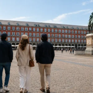 Tres personas con diferentes estilos de gorra caminando por la Plaza Mayor de Madrid