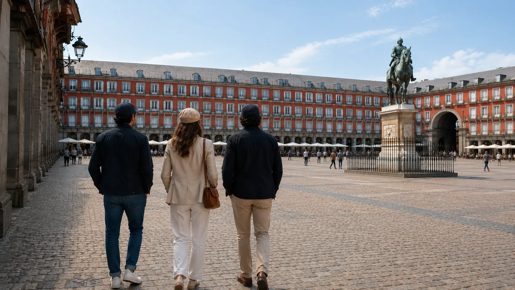 Tres personas con diferentes estilos de gorra caminando por la Plaza Mayor de Madrid