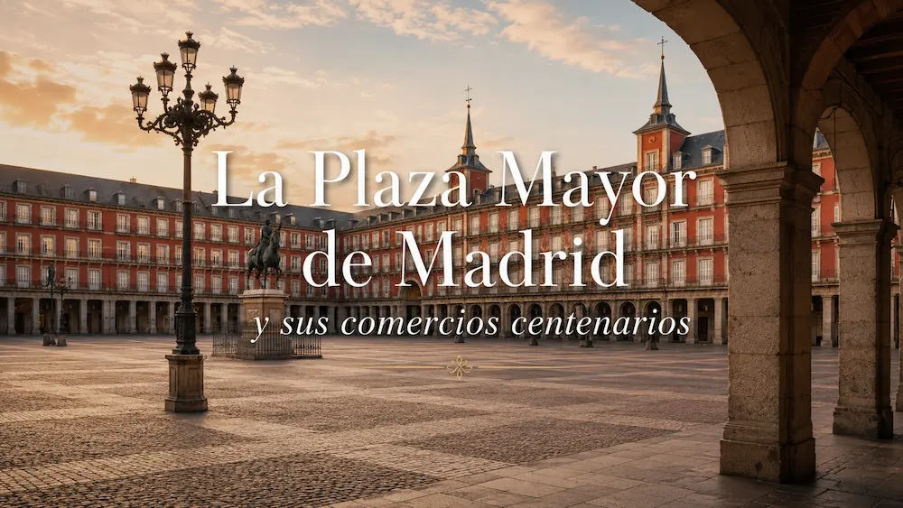 Vista de la Plaza Mayor de Madrid con sus soportales históricos, en una imagen representativa de sus comercios centenarios