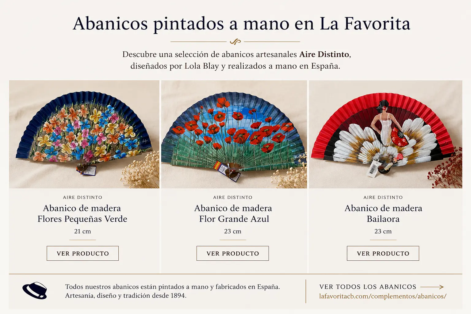 Selección de tres abanicos pintados a mano disponibles en La Favorita