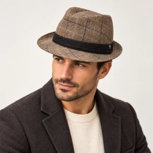 Hombre con sombrero marrón de ala corta y chaqueta oscura sobre fondo claro
