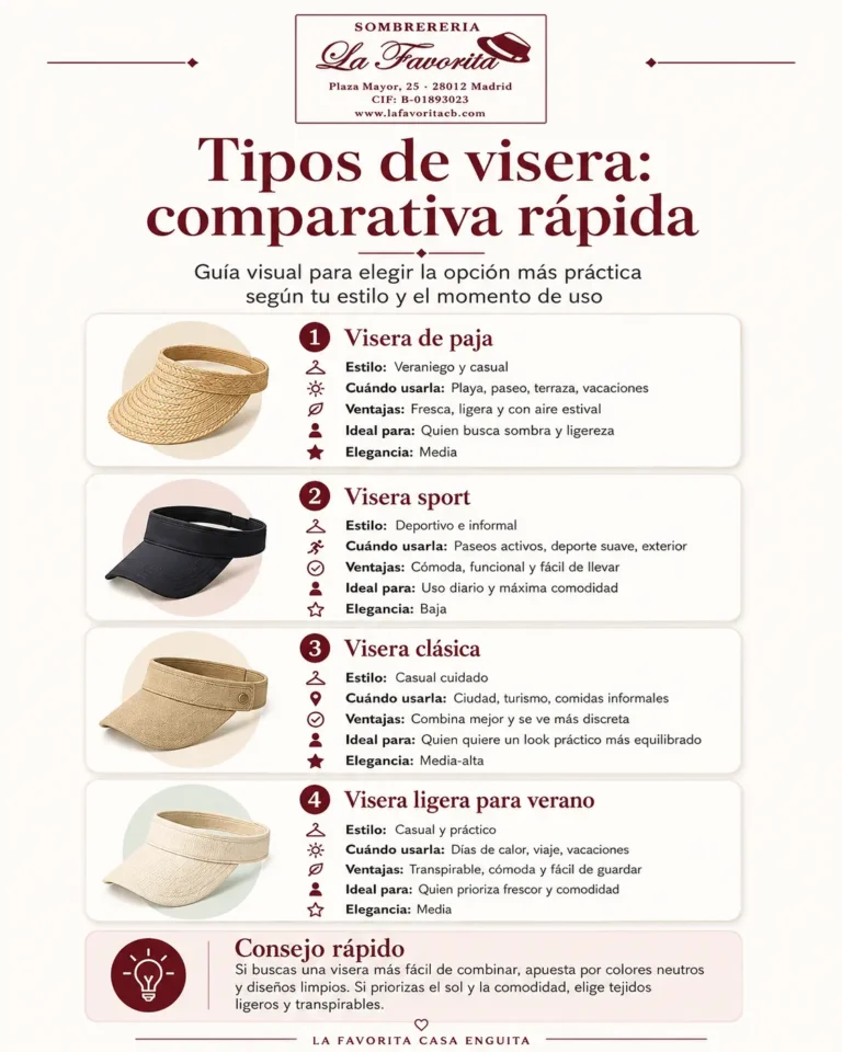 Guía visual con tipos de visera según estilo, uso, ventajas e ideal de cada modelo