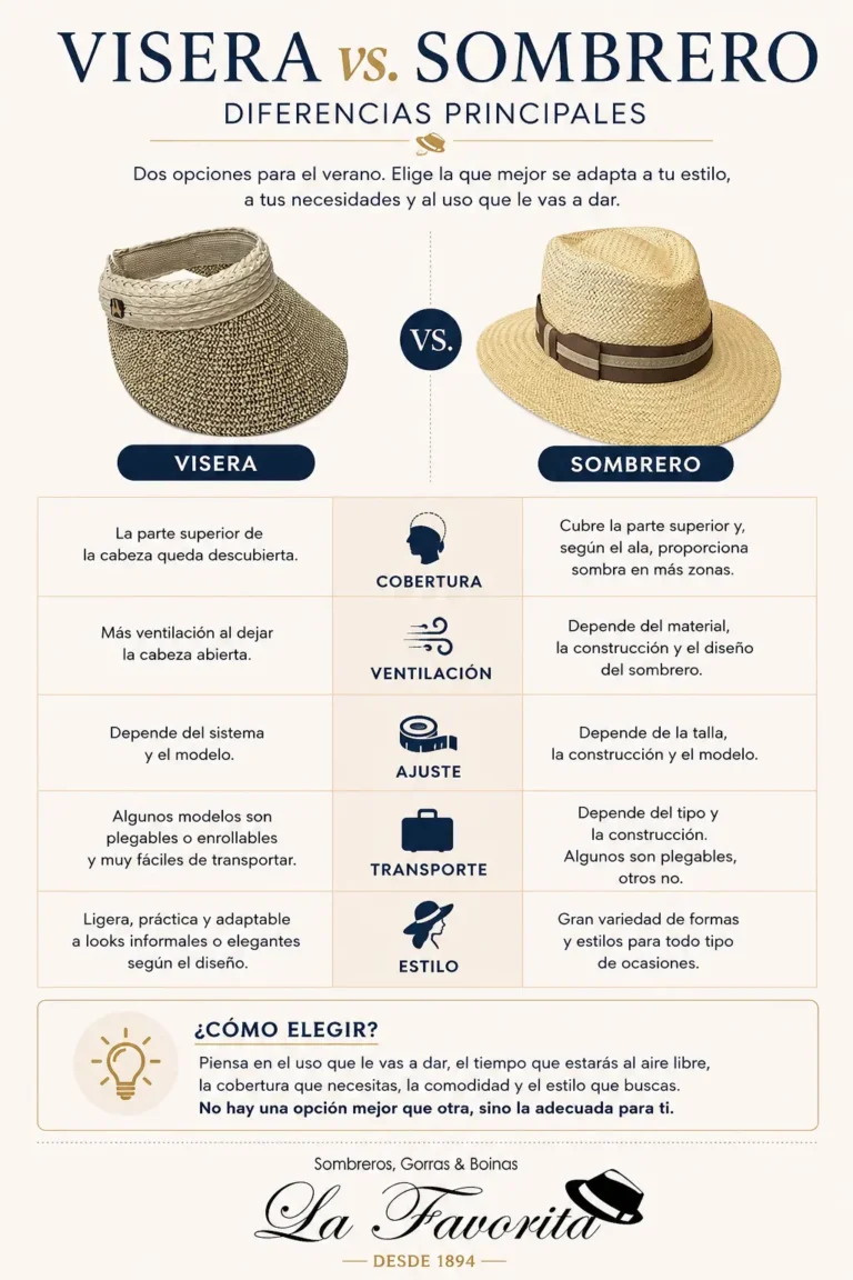 Infografía comparativa entre visera y sombrero según cobertura, ventilación, ajuste, transporte y estilo